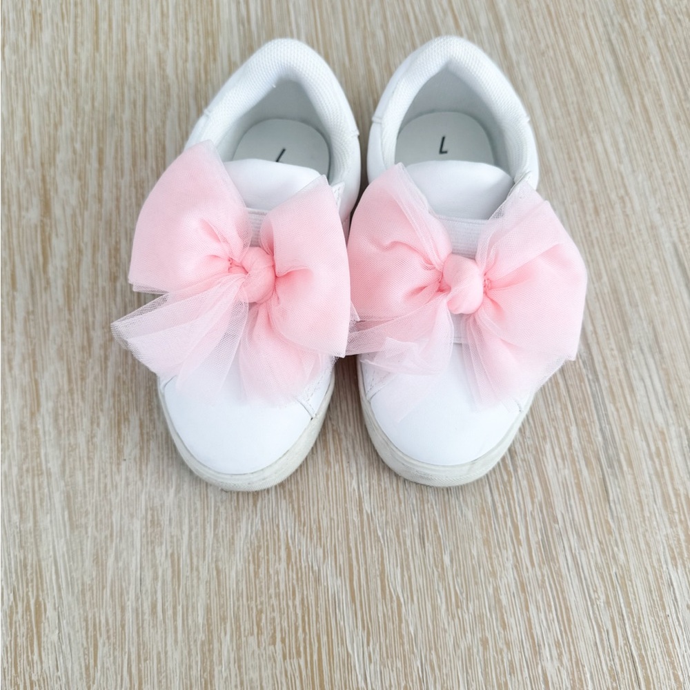 Toddler Girls White Sneakers with Pink Tulle Bows - Kids Shoes